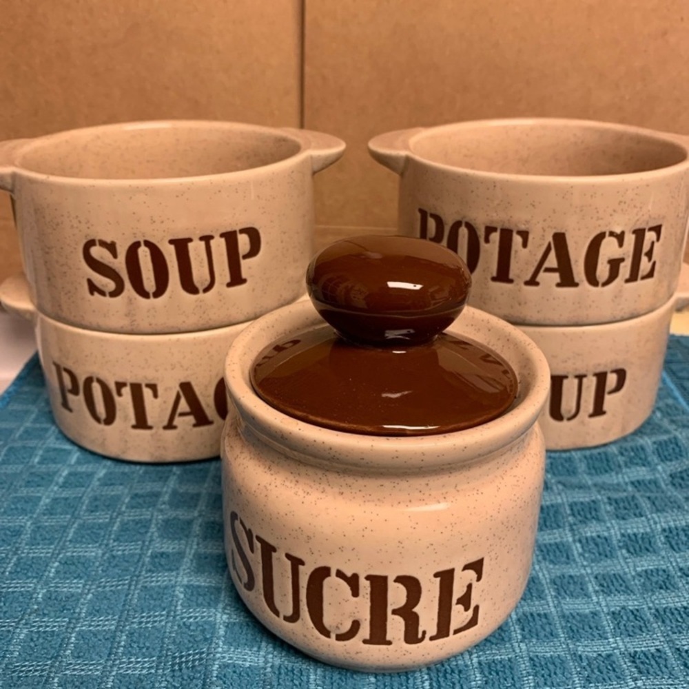 Ceramic Soup Bowls: Sugar crock and 4 soup / potage bowls